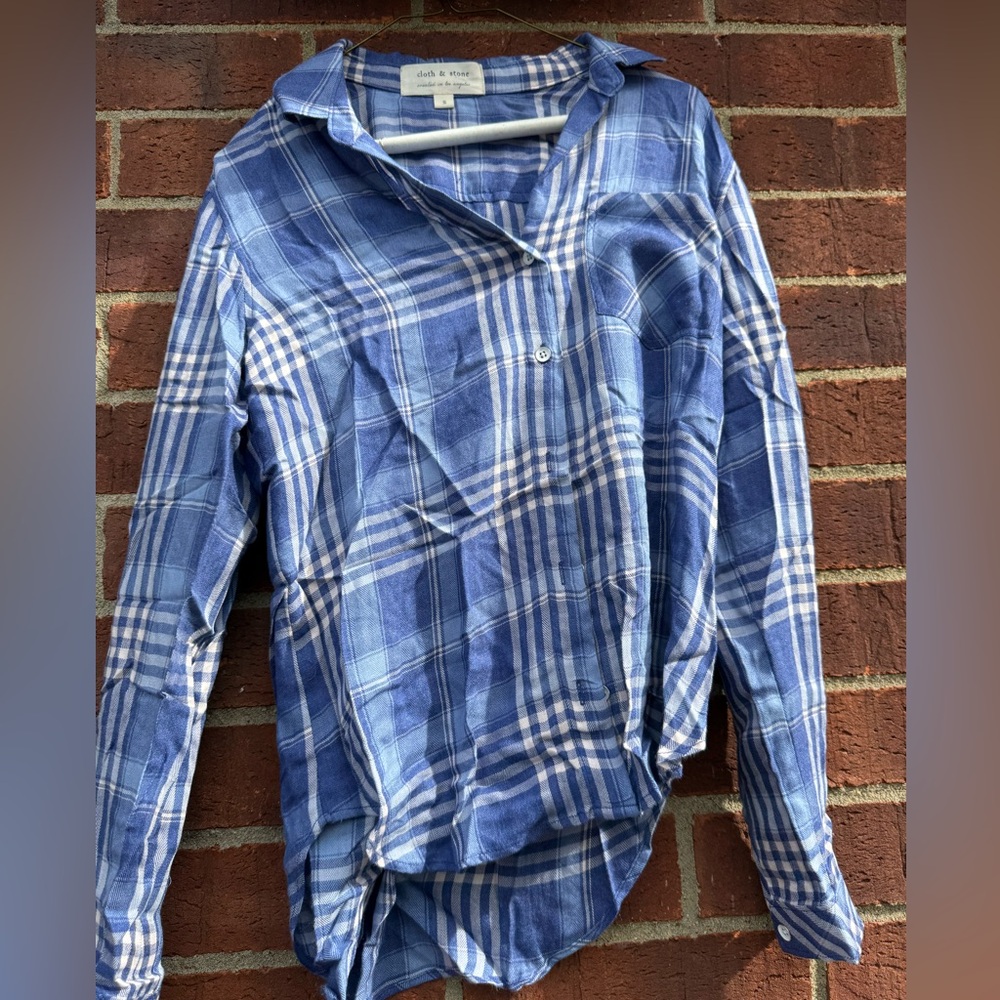 CLOTH & STONE Blue/White Plaid L/S Button Down Tunic Shirt Dress - Women's Sz S
